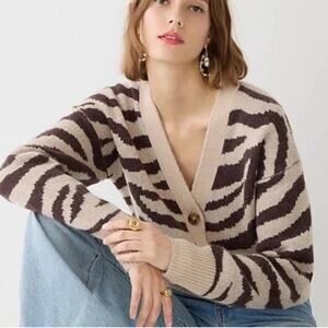 J. Crew Alpaca Blend Ribbed Long Sleeve Cardigan Sweater Zebra Stripe Women's L